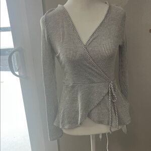 Caution To The Wind Pinstripe Wrap Blouse - Gray